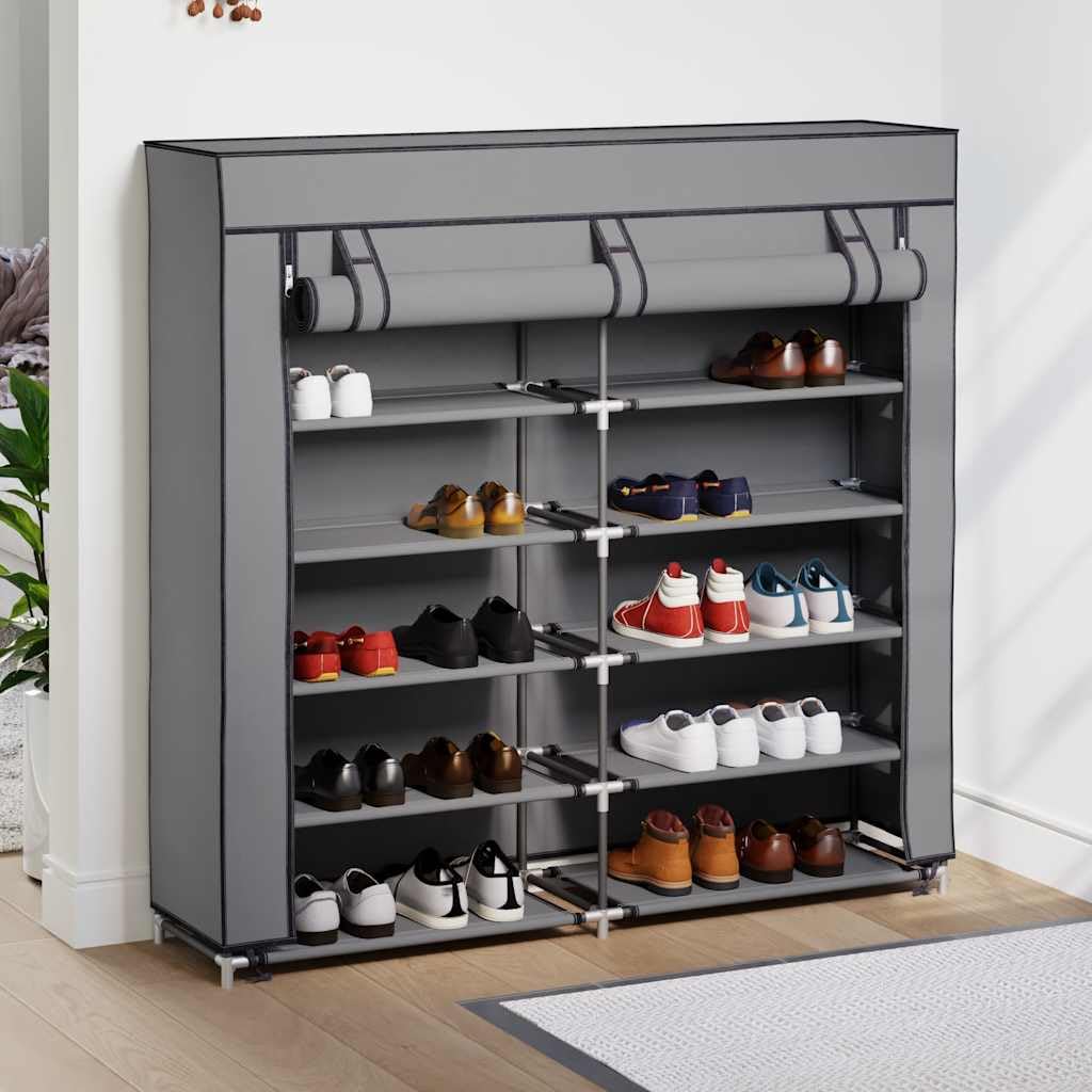 Armario de zapatos genérico con funda gris 115 x 28 x 110 cm, tejido 5 niveles para 10 pares, almacenamiento ligero con tapa no tejida y cremallera