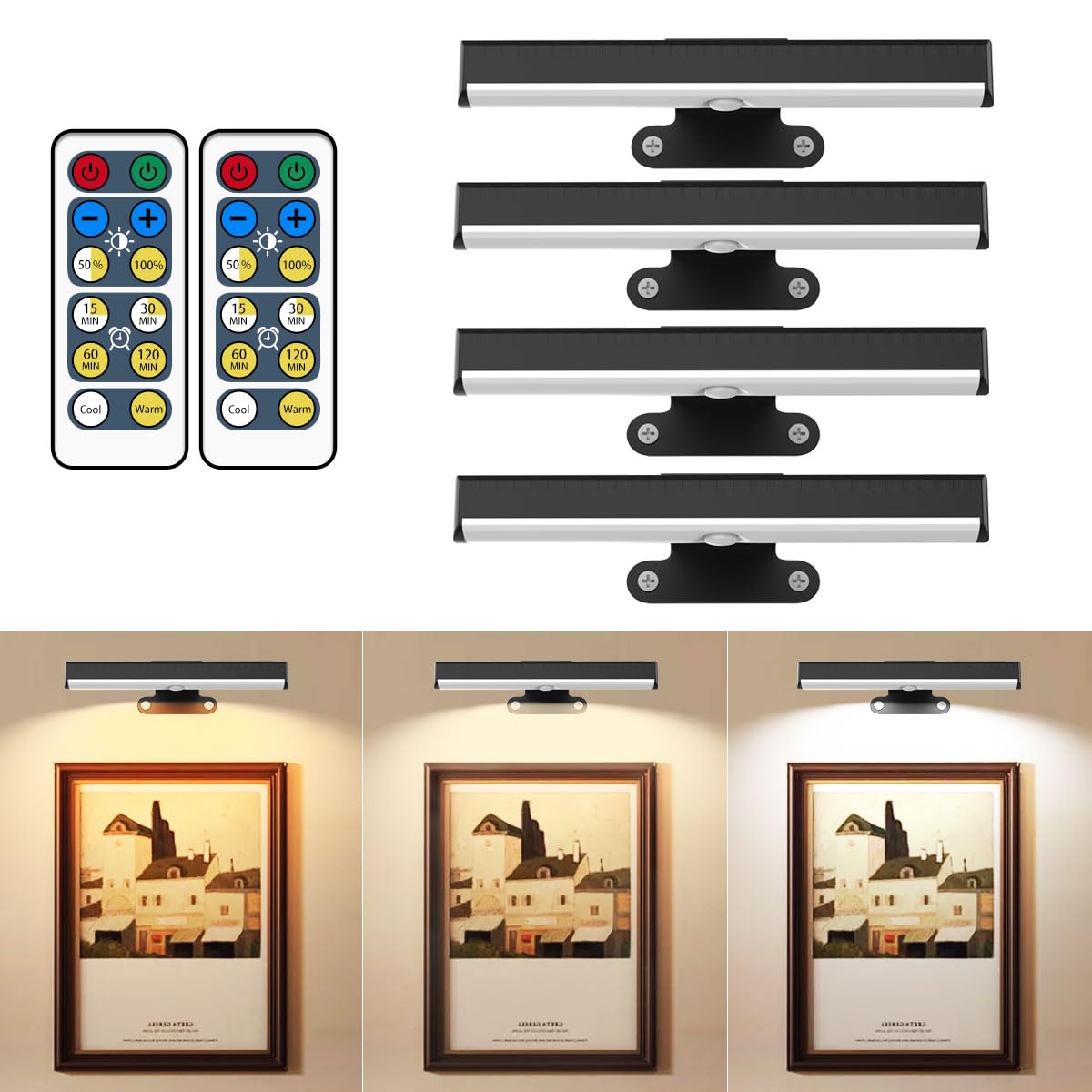 4 lámparas de pared LED con pilas para pintura, inalámbrica, regulable, marco con mando a distancia, 3 luces, luz magnética para obras de arte, retrato, decoración de pared