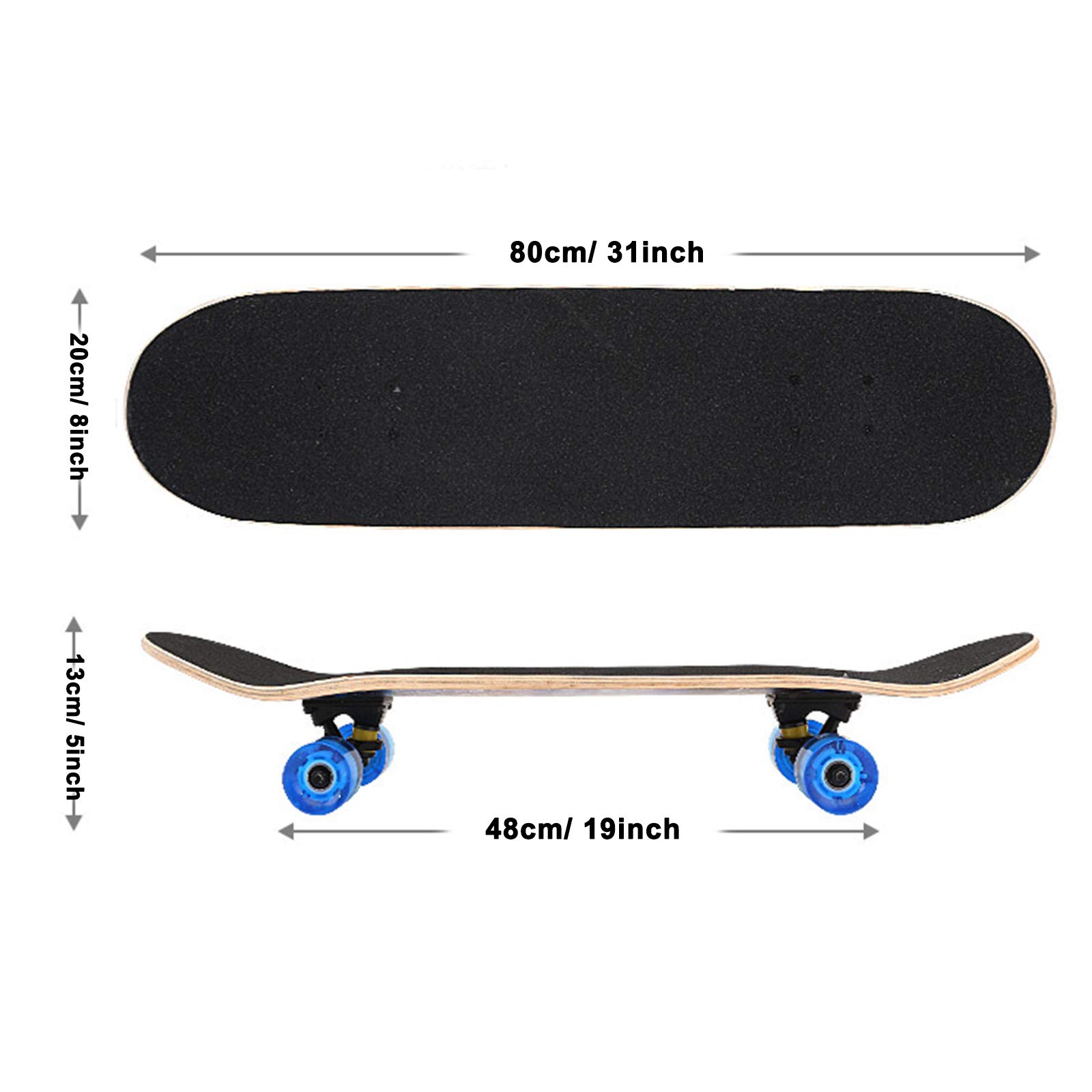 Skateboard Planche à roulettes 31 x 8 Pouces 7 Couches Longboards en Bois D'érable avec Roues Lumineuses à LED, Skateboard Cruiser Complète Professionnelle pour Adolescents Adultes Enfants