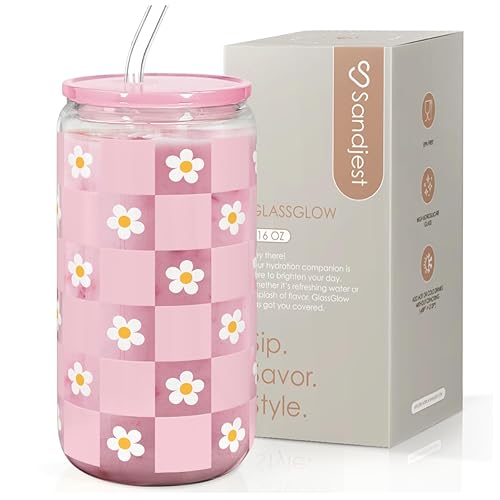 SANDJEST Checkerboard Daisies Glass Can, Floral Checker Cup with Lid & Straw, Iced Coffee Aesthetic Cups, Gift for Christmas Birthday Mother Day, Gifts for Women, 16oz - Checker Daisy