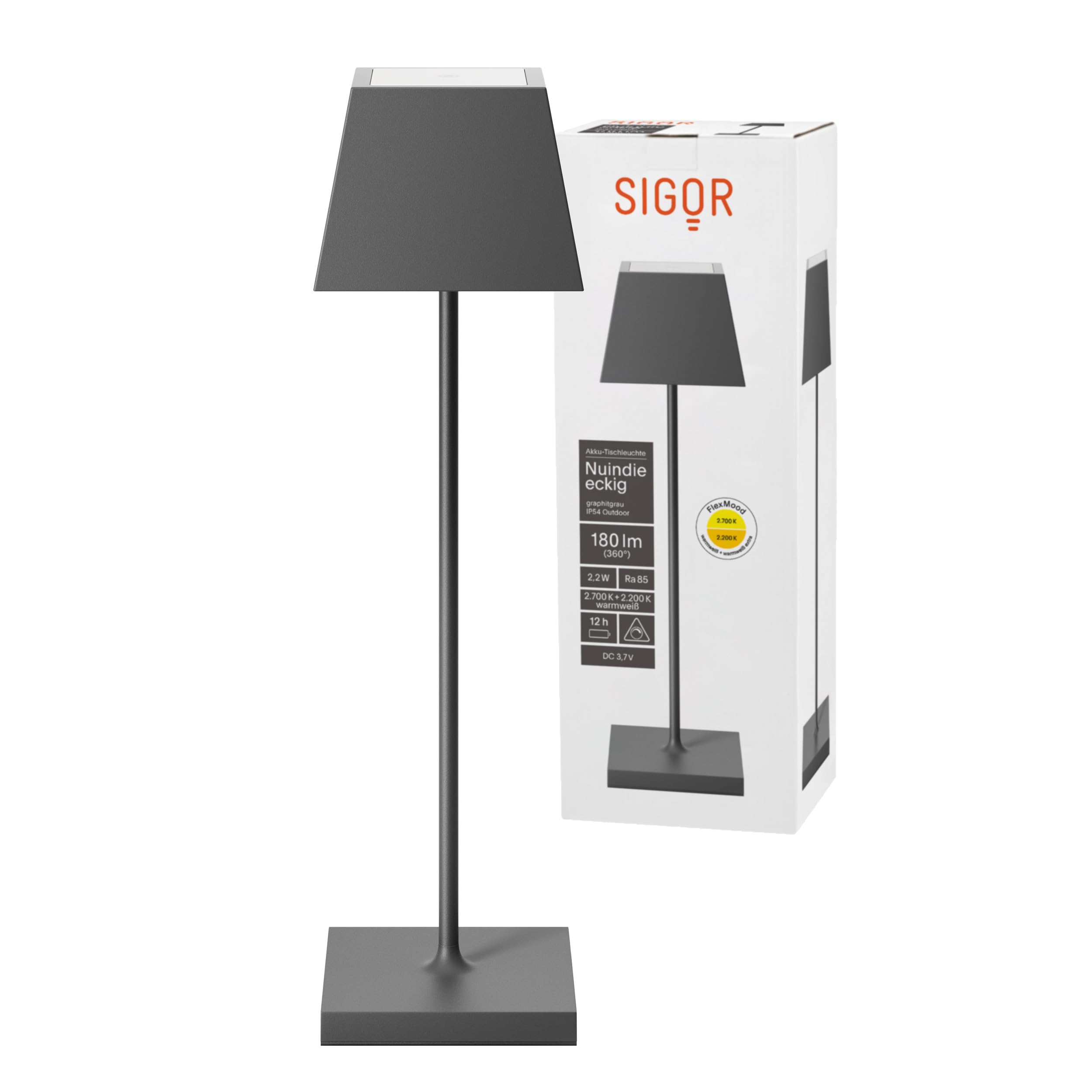SIGOR Nuindie 1.0 eckig LED Akku-Tischleuchte, graphitgrau | Dimmbar • Indoor & Outdoor • IP54 • 37 cm • Easy Connect • 12 h Leuchtdauer