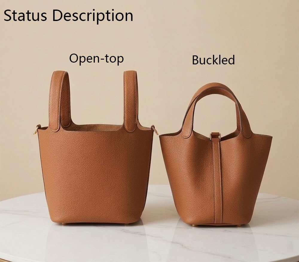 Genuine Leather Lock Design Bucket Bag Vegetable Basket, Fashionable and Versatile Satchel Handbag — view 7