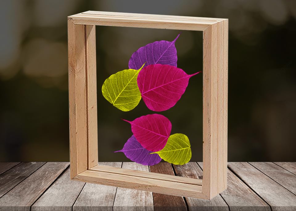 Image of Desi Rang Wooden Frame for Wall Decor Table top Hanging Any Green or dry plant Leaf Picture Photo DIY Gift Home decoration (Natural,Sqr,12x12 inch,with random peepal colored leaf)