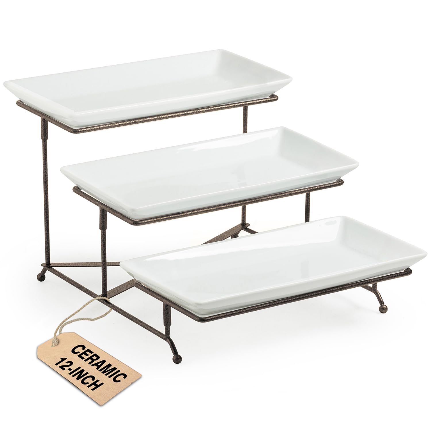 LAUCHUH 3 Tier Serving Tray for Party, Porcelain Tiered Serving Tray Stand Collapsible Sturdier Metal Rack Fruit Tray with 2 Cross Bars for Serving Fruit Dessert Party Display Set, 12 Inch, Bronze