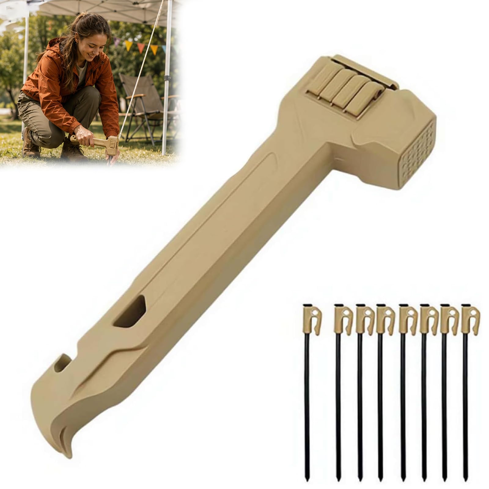Camping Hammer With 8 Pegs, Tent Stake Driver With Peg Puller, Heavy Duty Tent Mallet, With Anti-Loss Storage Compartment, Includes 8 Steel Stakes, For Outdoor Hiking Camping Backpacking (Khaki)