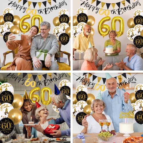 Image of Jobkoo 60th Birthday Decorations, Black Gold 60th Birthday Party Decoration for Men Women Golden Black Balloons 60th Cake Topper 60th Banner for 60 Year Old Party Supplies