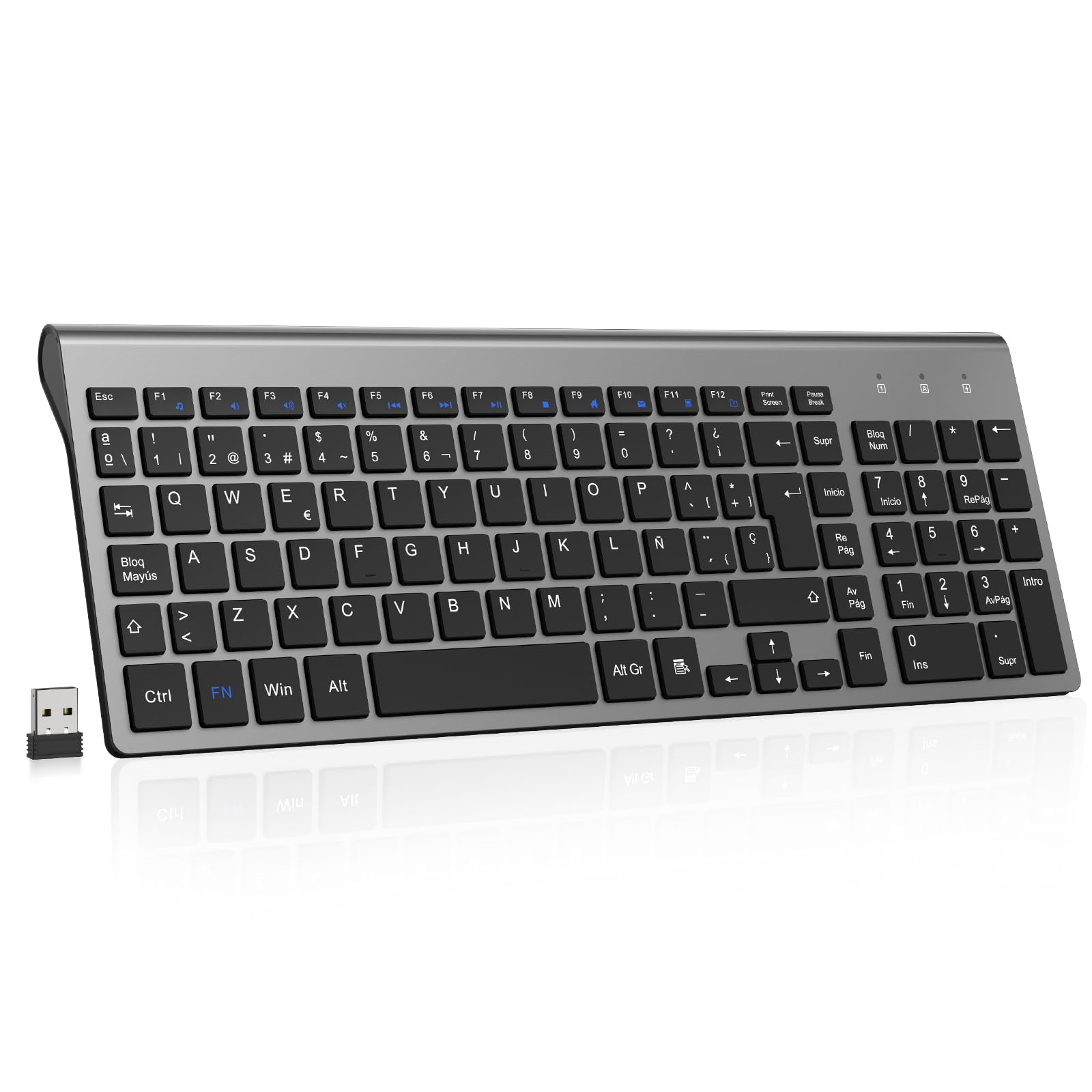 cimetech Wireless Keyboard, 2.4G QWERTY Spanish Layout, USB Computer Keyboard with Numeric Keypad and Ergonomic Keys for Desktop/PC/Laptop/Surface/Smart TV/Notebook and Windows (Grey)