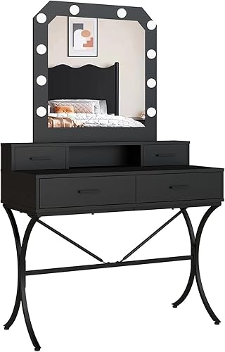 Miniatura 1 de Mesa de tocador con espejo iluminado, moderna mesa de maquillaje con 10 luces, escritorio de maquillaje con 4 cajones para dormitorio (negro)