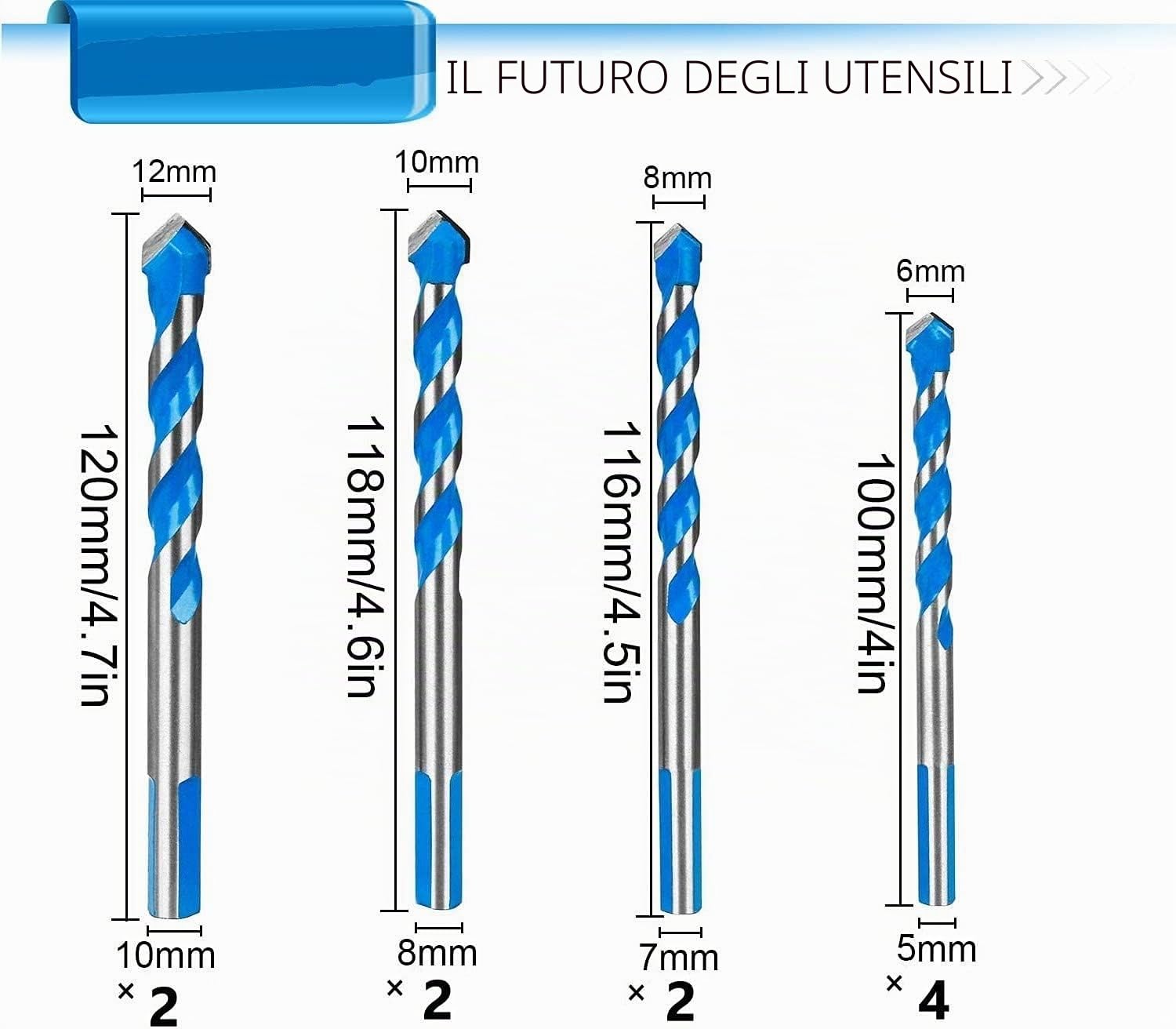 LATERN 10 pezzi Set di punte da trapano in Metallo duro di professionali per Muratura, Mattoni, Piastrelle, Legno, Plastica, Lamiere Metalliche (6, 8, 10, 12 mm)