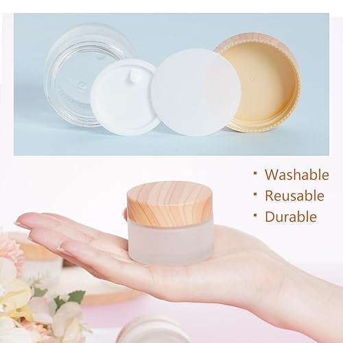Miniatura 4 de 6 recipientes de vidrio para cosméticos con tapa de grano de madera, tarro cosmético recargable, recipiente de crema de vidrio esmerilado con tapa a