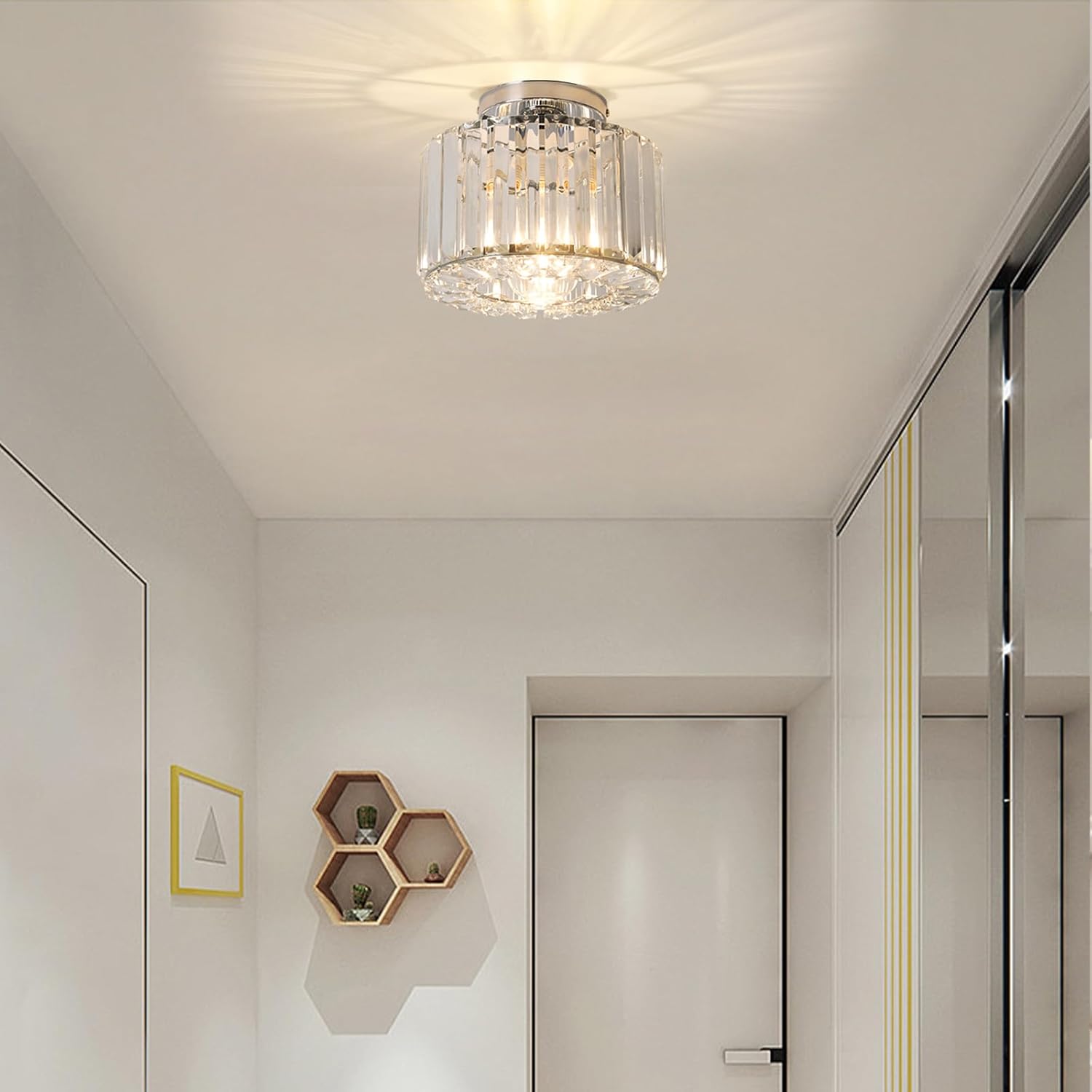 Crystal Ceiling Light, Chrome Ceiling Lamp, Semi Flush Mount Ceiling Light, Small Hallway Lamp, Entryway Crystal Chandelier for Dining Room,Bedroom,Kitchen