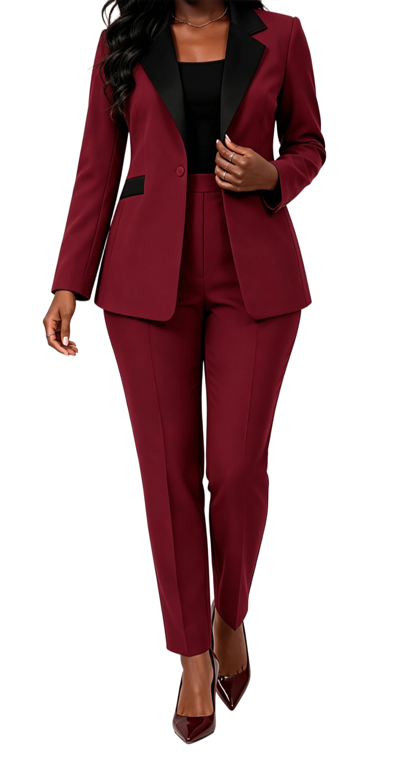 Photo 1 of LOVESHOOT Women Blazer Two Piece Outfits Sets Dressy Casual Elastic Blazer High Waisted Straight Leg Pants Suit Business Attire M Wine Red
