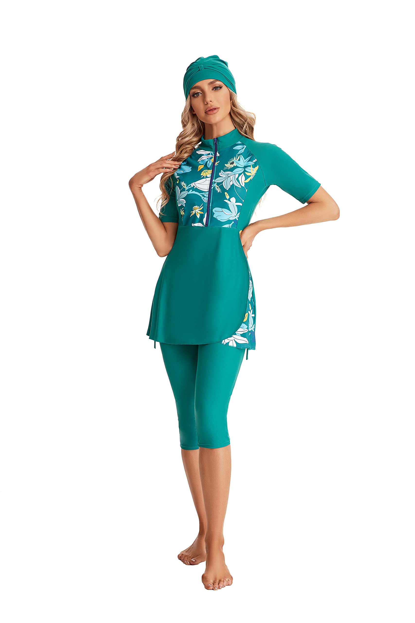Maillot de Bain pudique Femme à Manches Courtes Imprimé Floral avec Ceinture réglable