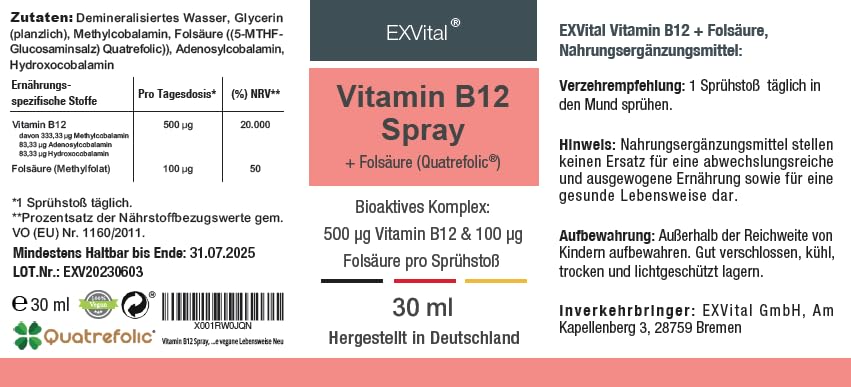 Vitamin B12 Spray, 500µg Vitamin B12 + 100µg Folsäure pro Sprühstoß, bioaktive Quatrefolic® Folsäure, laborgeprüft und hergestellt in DE, 100% vegan & für die vegane Lebensweise