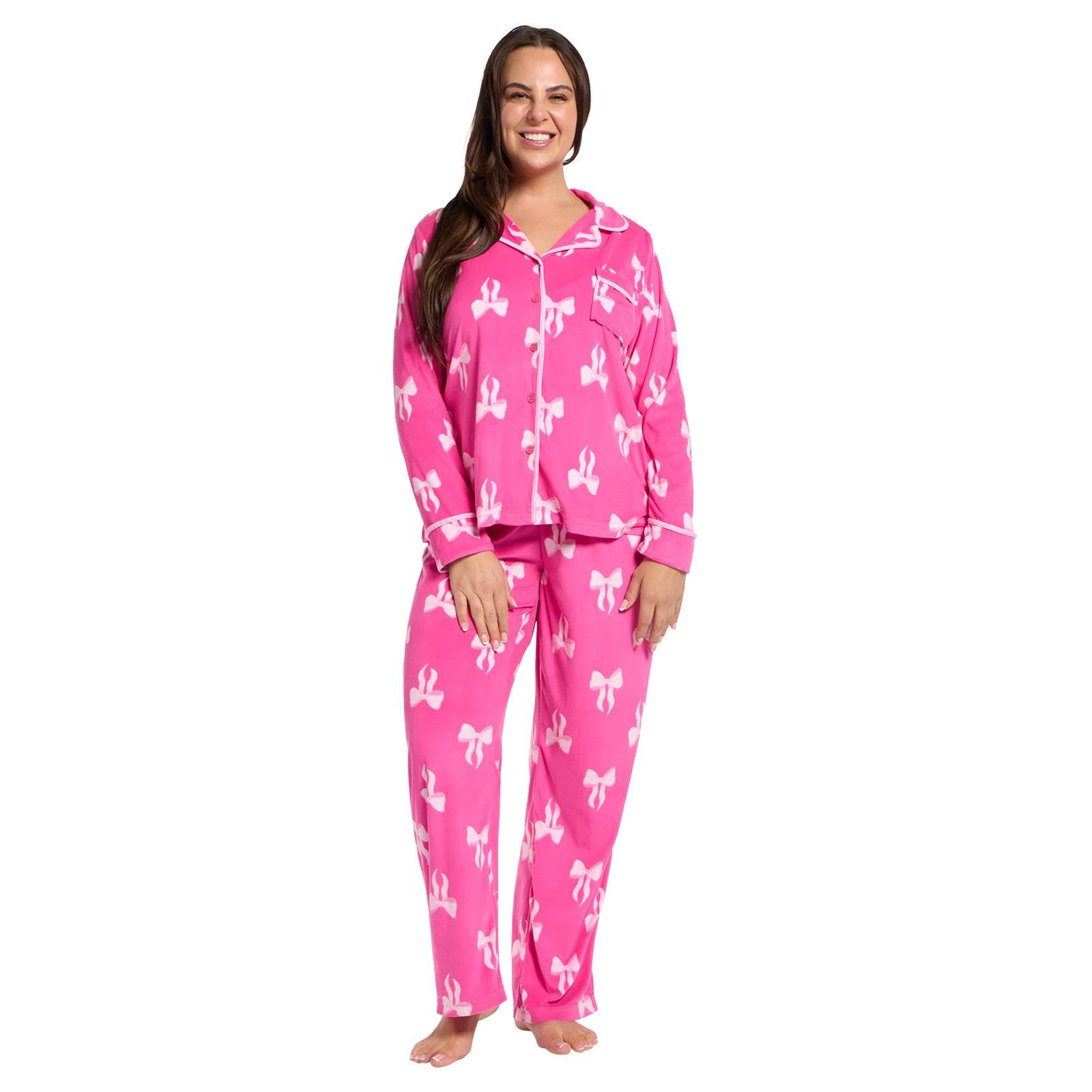 OHS Bow Print Womens Pyjamas for Women Long Sleeve and Full Length Button Down Womens Pyjamas Set Two Piece Soft Comfy Winter Sleepwear Loungewear, Hot Pink - L/XL