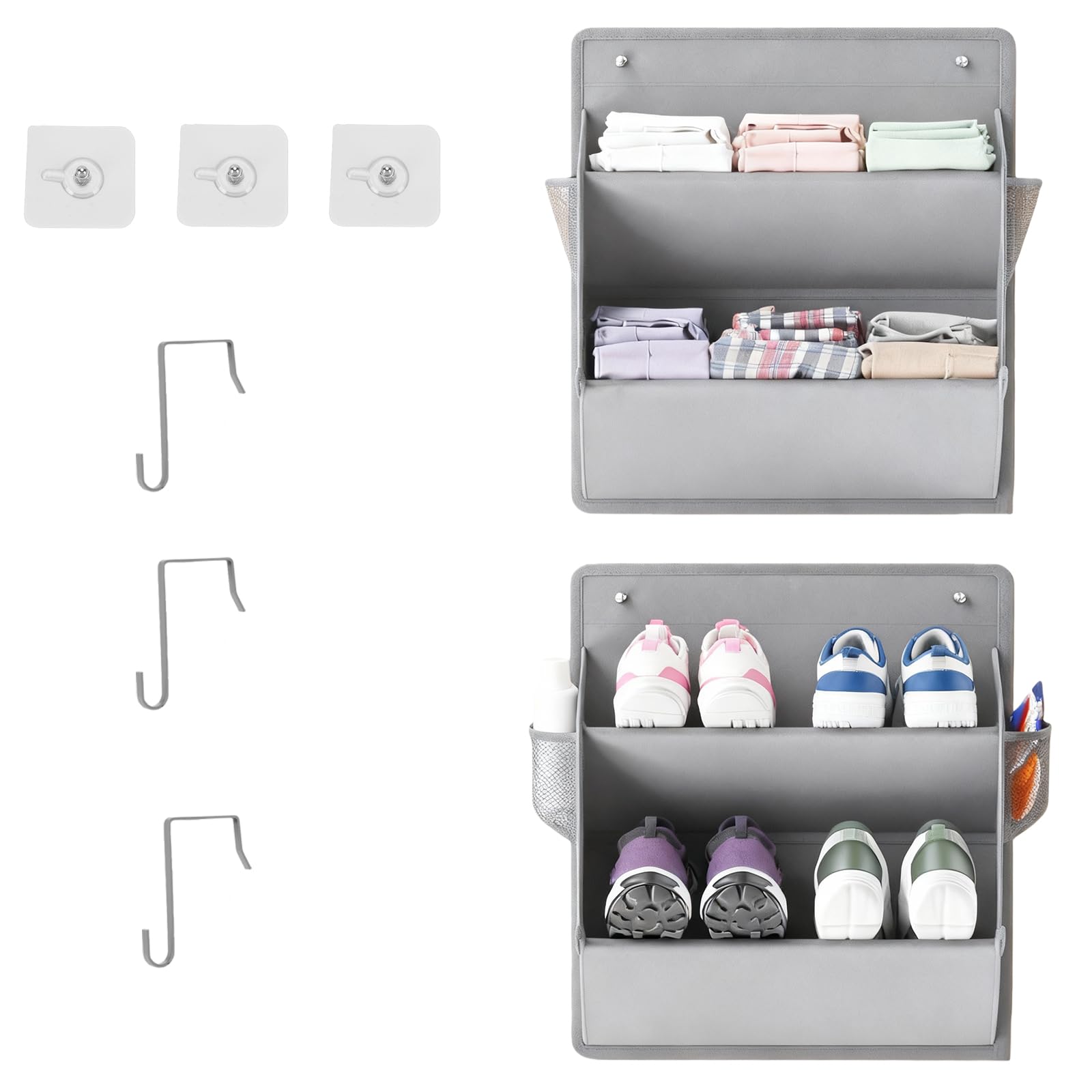 LJEC 2pcs Over Door Shoe Storage,Door Shoe Organizer 2 Pockets,Hanging Shoe Rack Storage with Deep Pocket Large Storage Compartments Storage Organizer for Shoes with 3 Hooks for Space Saving, grey