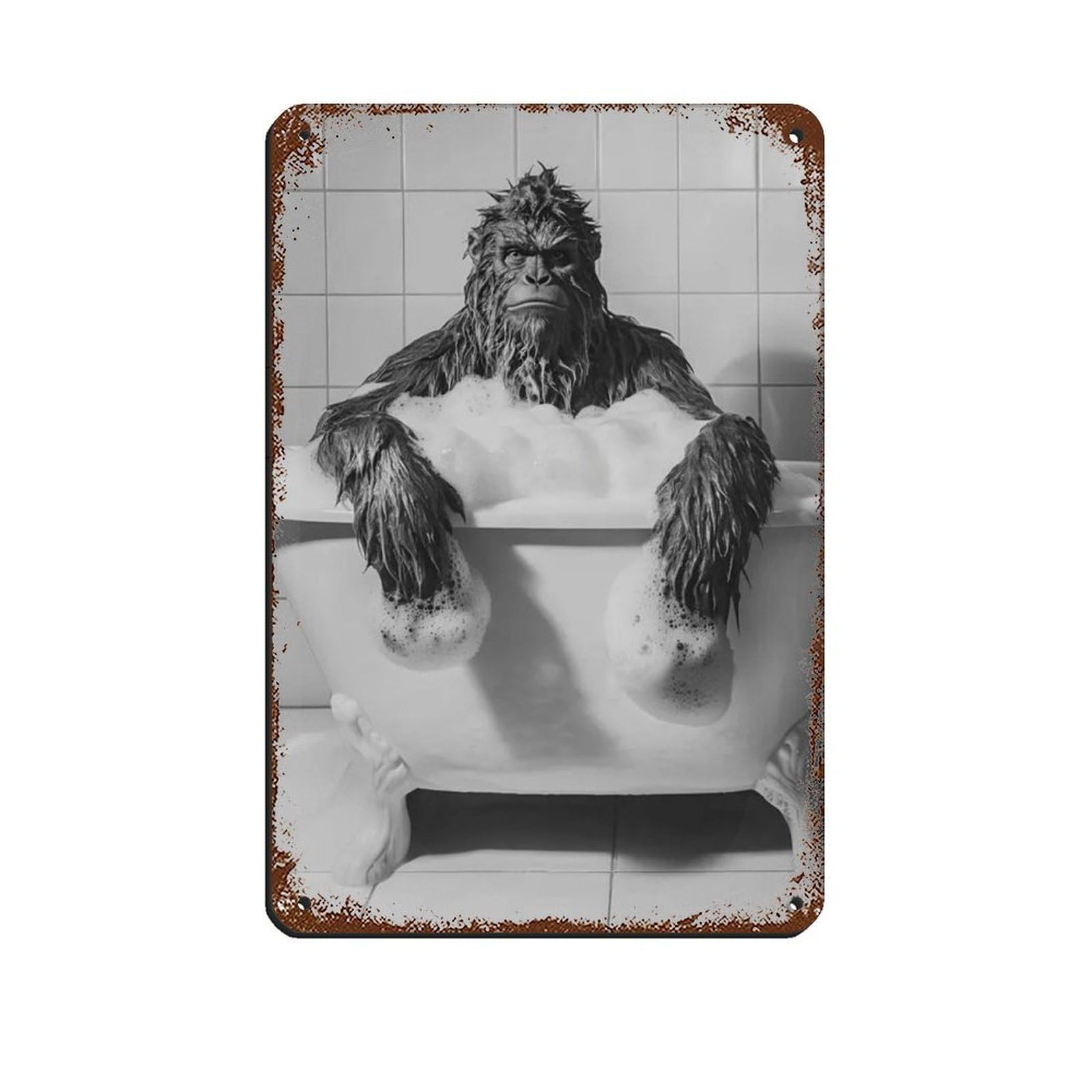 Sasquatch in The Bathtub, Cute Bathroom Art Tin Sign Vintage Metal Pub Club Cafe Bar Home Wall Art Decoration Poster Retro 8x12inch(20x30cm)
