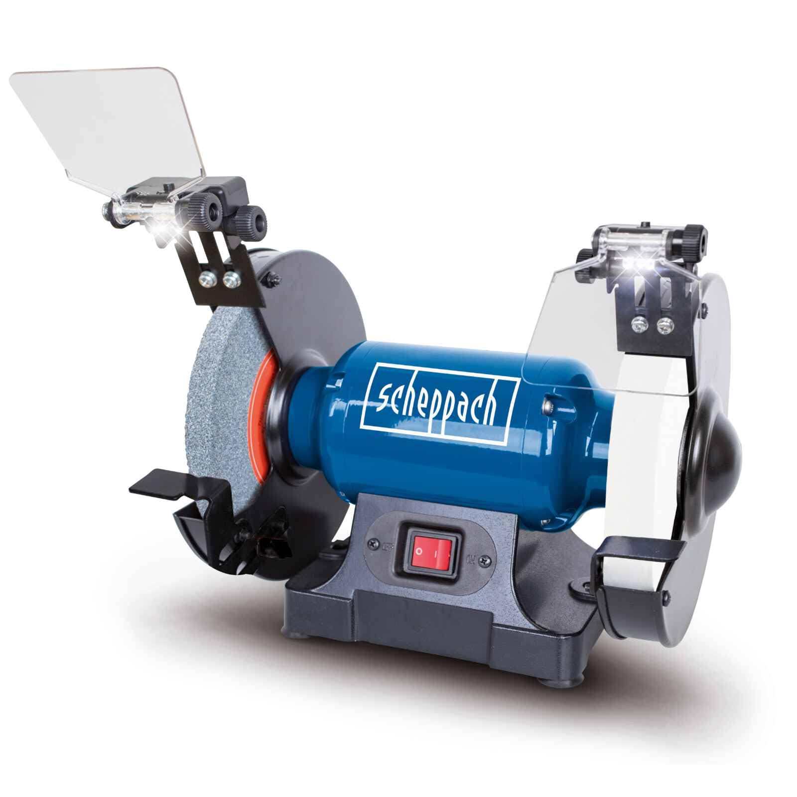 Scheppach 5903110901 Touret Mixte SM200AL | Puissance 500W | Pare-étincelles réglable | Porte-outils réglables | Meules en grain 36 et 100 de Ø200mm | LED | Bâti en fonte grise | Travaux multiples
