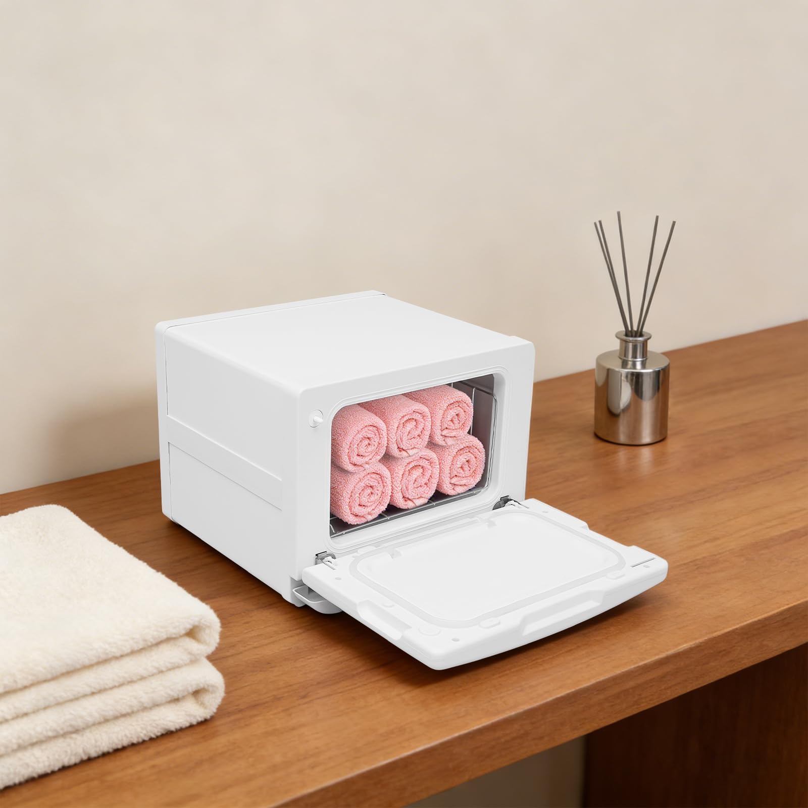 Handtuchwärmer 8L, Desinfektion 130W 80°C für Bad/Spa | Edelstahl 201, 30,5×30,5×24,5 cm. Schnell 15min auf 80°C. Auffangwanne, Griffmulde. Ideal für Bad, Spa, Salons – passt in jed