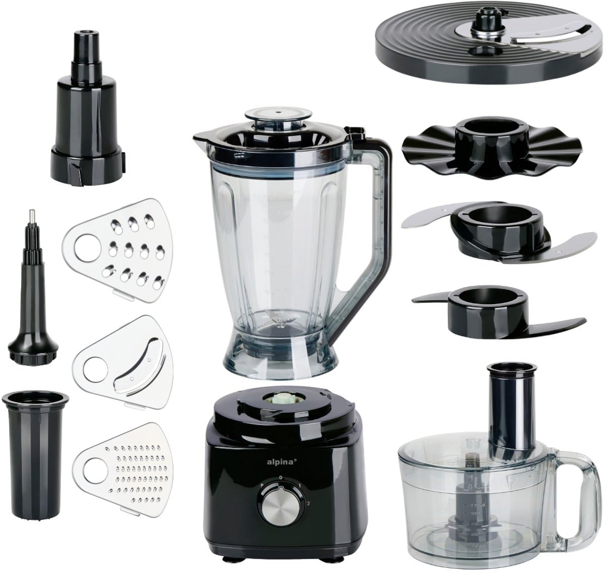 alpina FP413GS robot kuchenny - Blender Smoothie Maker 1,8 l - Procesor żywności z ostrzami tnącymi i tarczami tnącymi - rozdrabniacz elektryczny - 750 W - czarny