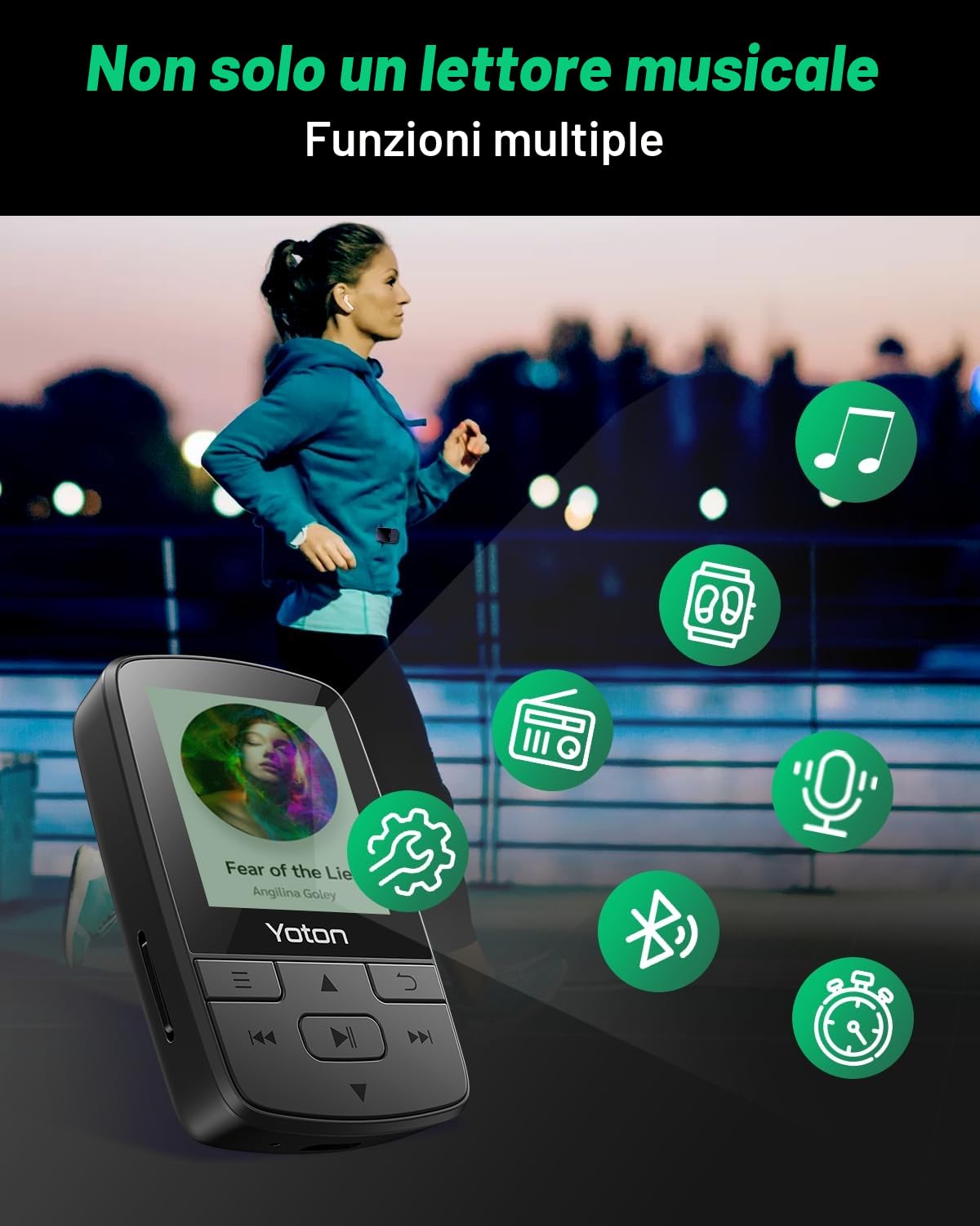 Yoton Lettore MP3 Bluetooth 5.2, Clip Sportivo, Audio Hi-Fi ad Alta Qualità, Controllo Volume Indipendente, Radio FM, Auricolare Incluso, Scheda SD non inclusa- Nero