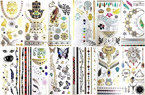 BohoTats Tattoos - Set 1 of 12 Sheets - Over 100+ Intricate Designs - Stunning Flash Metallic Boho Tattoos - Non Toxic - Quality Guarantee - Temporary Metallic Tattoos