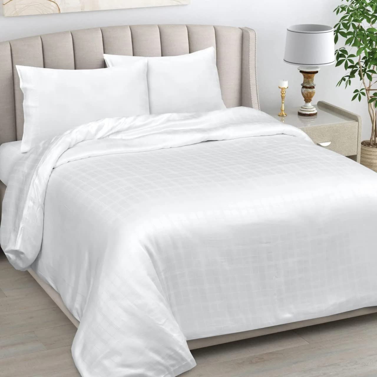 Linenwalas 100% Vegan Bamboo Silk Fitted Bedsheet Natural Soft and Best for Hair and Delicate Skin(Self Checks White,Super King)