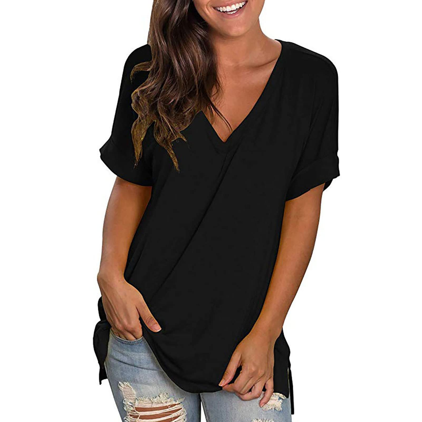 HAOLEI Camisetas De Deporte Mujer,Camisetas Manga Corta Mujer Tallas Grandes Camisetas de Cuello en Pico Sexy Camiseta Túnica Larga Camisa Blanca Mujer Color Sólido Blusas Mujer de Multicolor
