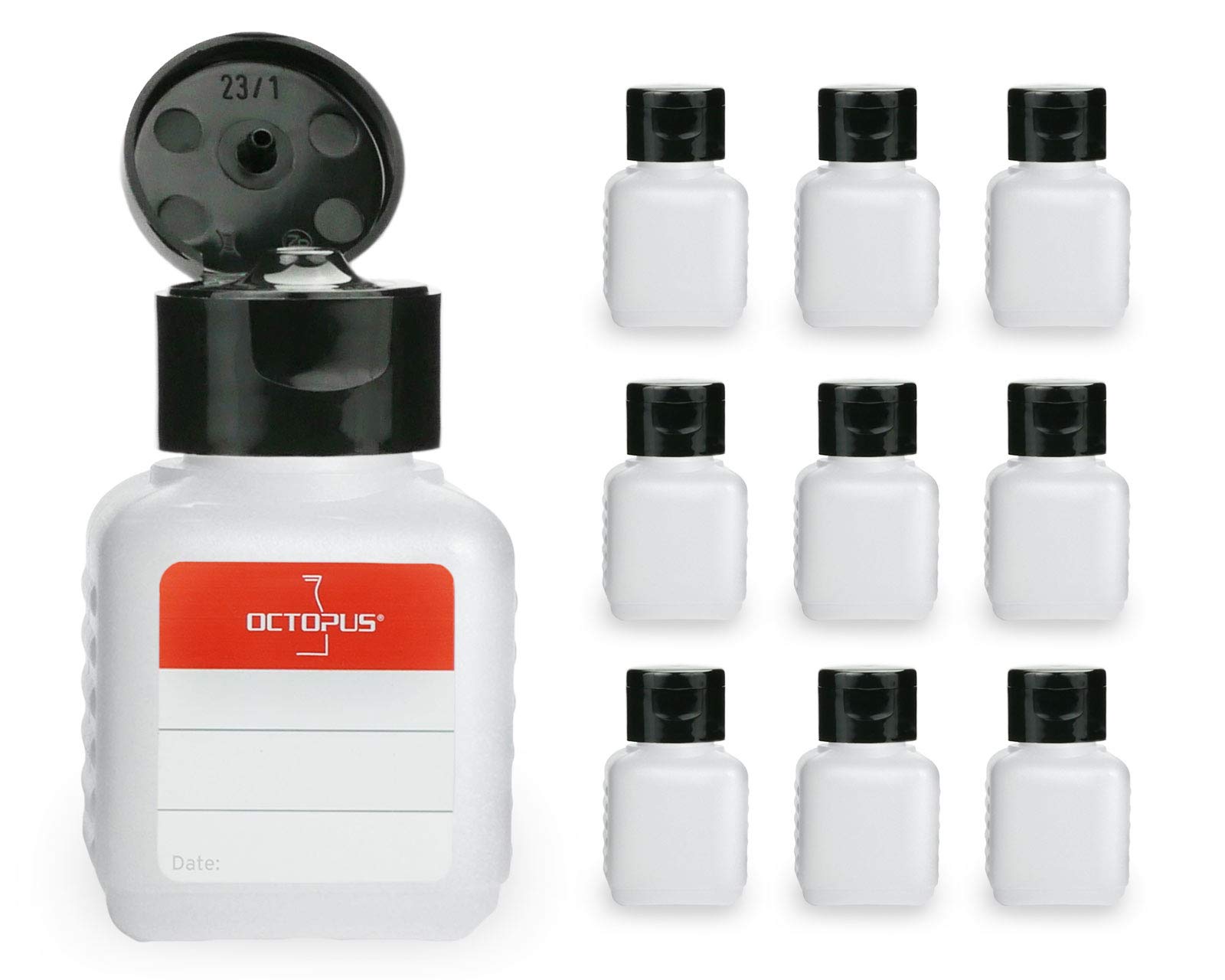 10 x 50 ml Octopus plastic bottles, HDPE plastic bottles with black flip-top cap, empty bottles with black hinged cap, square bottles incl. 10 labels