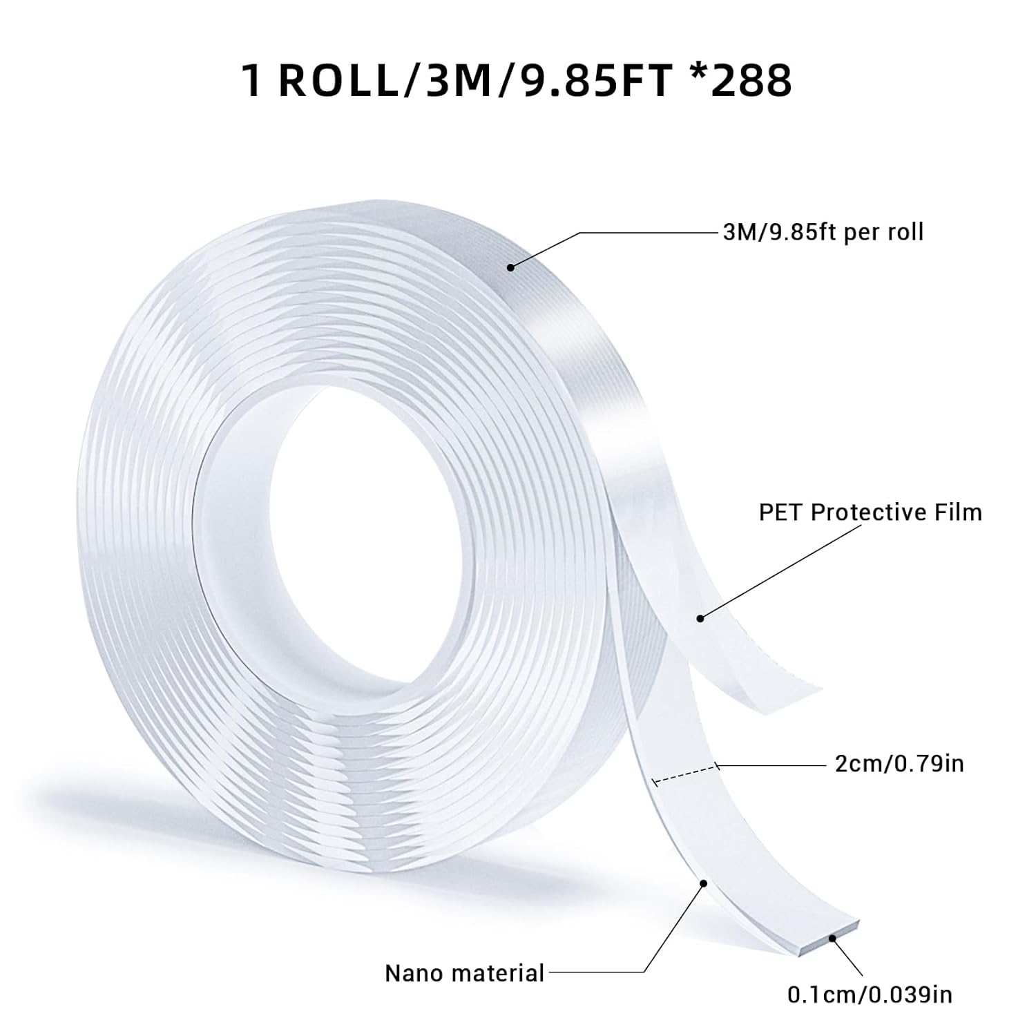 288 Rolls Double Sided Tape, Nano Tape, Transparent Adhesive Tape, Traceless Adhesive Tape, Removable, Washable, Reusable, Suitable for Carpets, Photo Walls, 9.85 Feet Per Roll