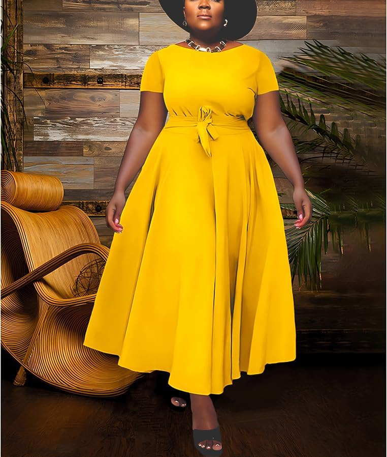 Women Plus Size Casual A Line Maxi Dress Self Tie Waist with Pockets Elegant Round Neck Short Sleeve Long Swing Dress Yellow - Image 3