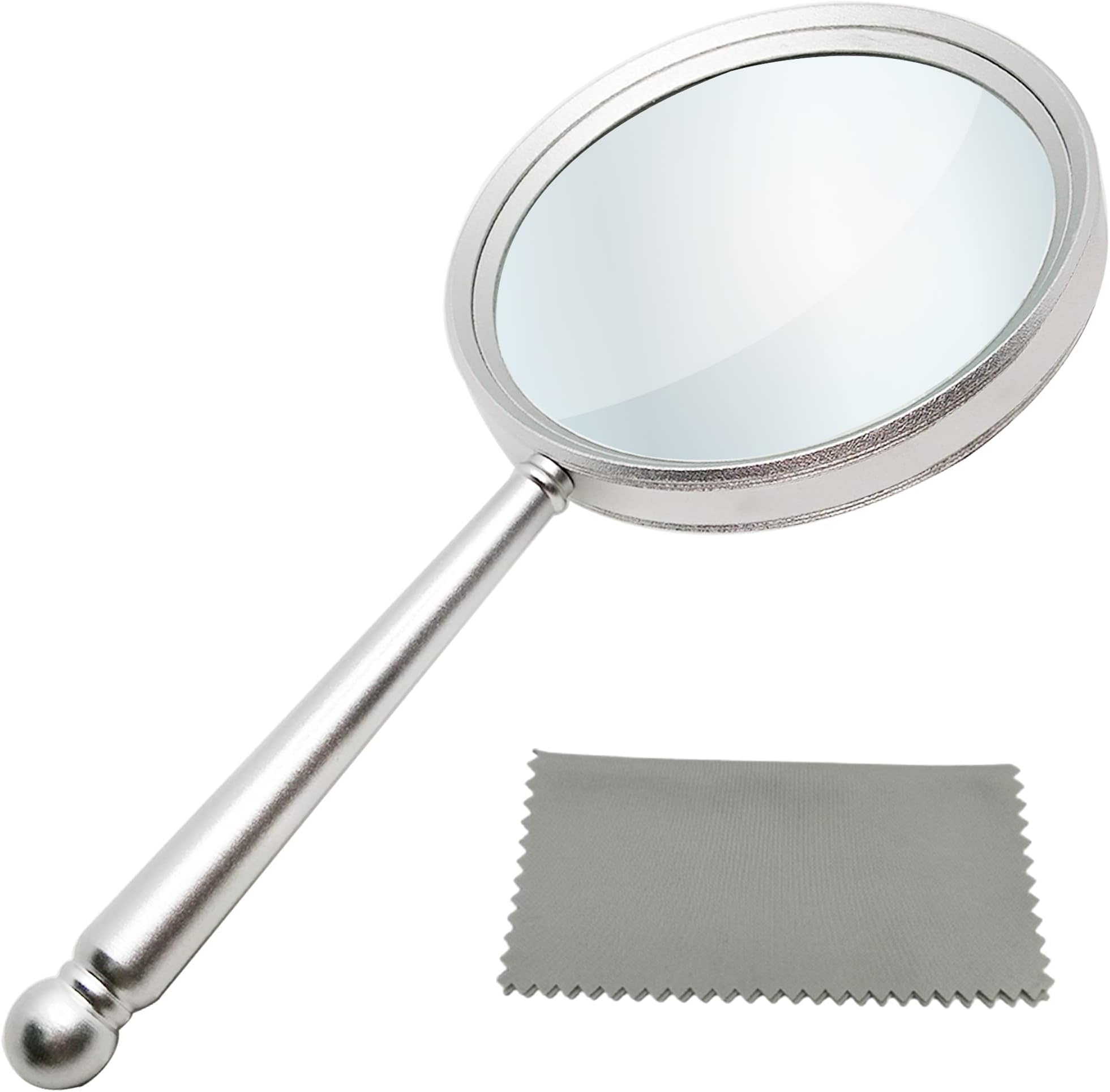 Handheld Magnifying Glasses 5X Reading Magnifier with Shatterproof Metal Handle & 84mm Large Magnifying Real Glass Lens for Seniors and Kids Repair and Observation(Silver)