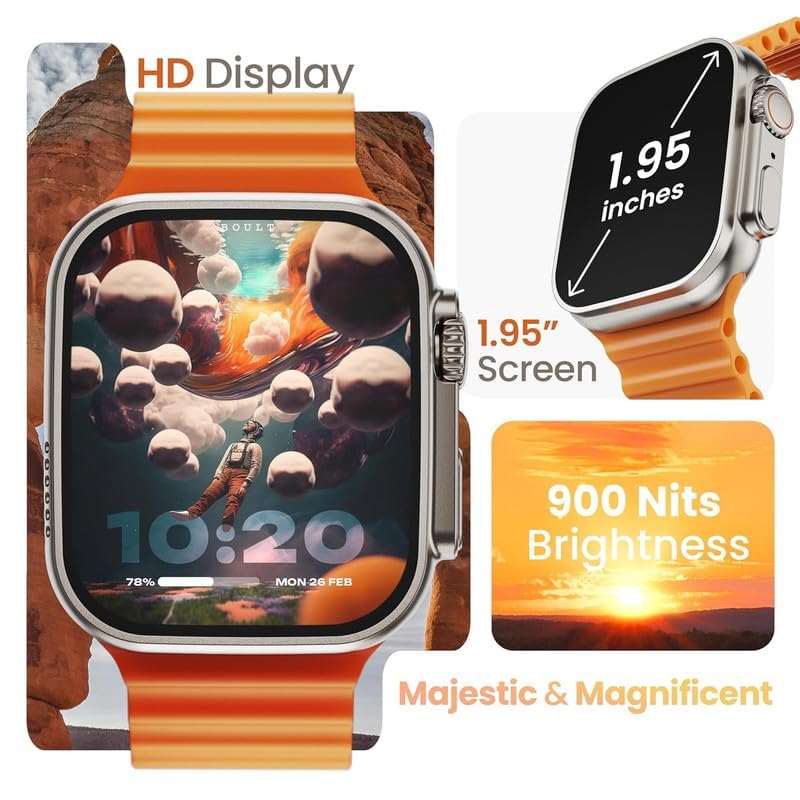 Close-up of the 1.95-inch HD display of the smartwatch, highlighting its size and 900 Nits Brightness feature.