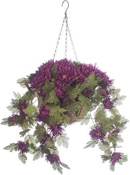 OakRidge Fully Assembled Artificial Mum Hanging Basket, Purple, 10 Diameter with 18 Long Chain Polyester/Plastic Flowers in Metal/Coco Fiber Liner Basket for Indoor/Outdoor Use