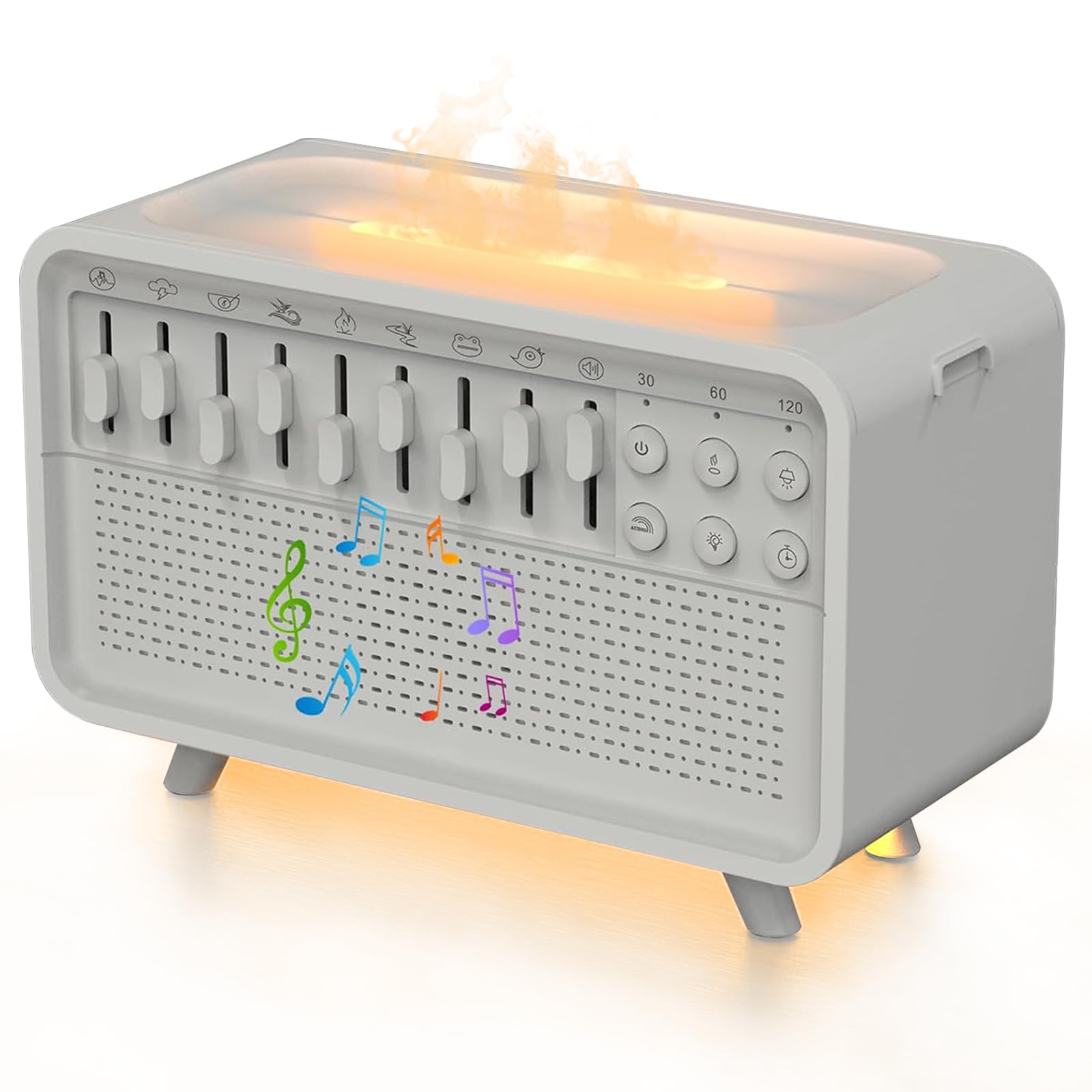 White Noise Sleep Sound Machine with 8 Nature Sounds Mixer Options Portable Bluetooth Speaker Night Light Flame Humidifier Timer Sleep Aid Sound