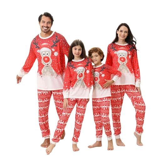 Kouric Pijama Navidad Familia-Pijamas Navidad Familia con Estampado de Reno Nieve, Set de Pijamas Navideñas Familiares Rojo, Pijama Navidad Mujer/Hombre/Niña/Niño