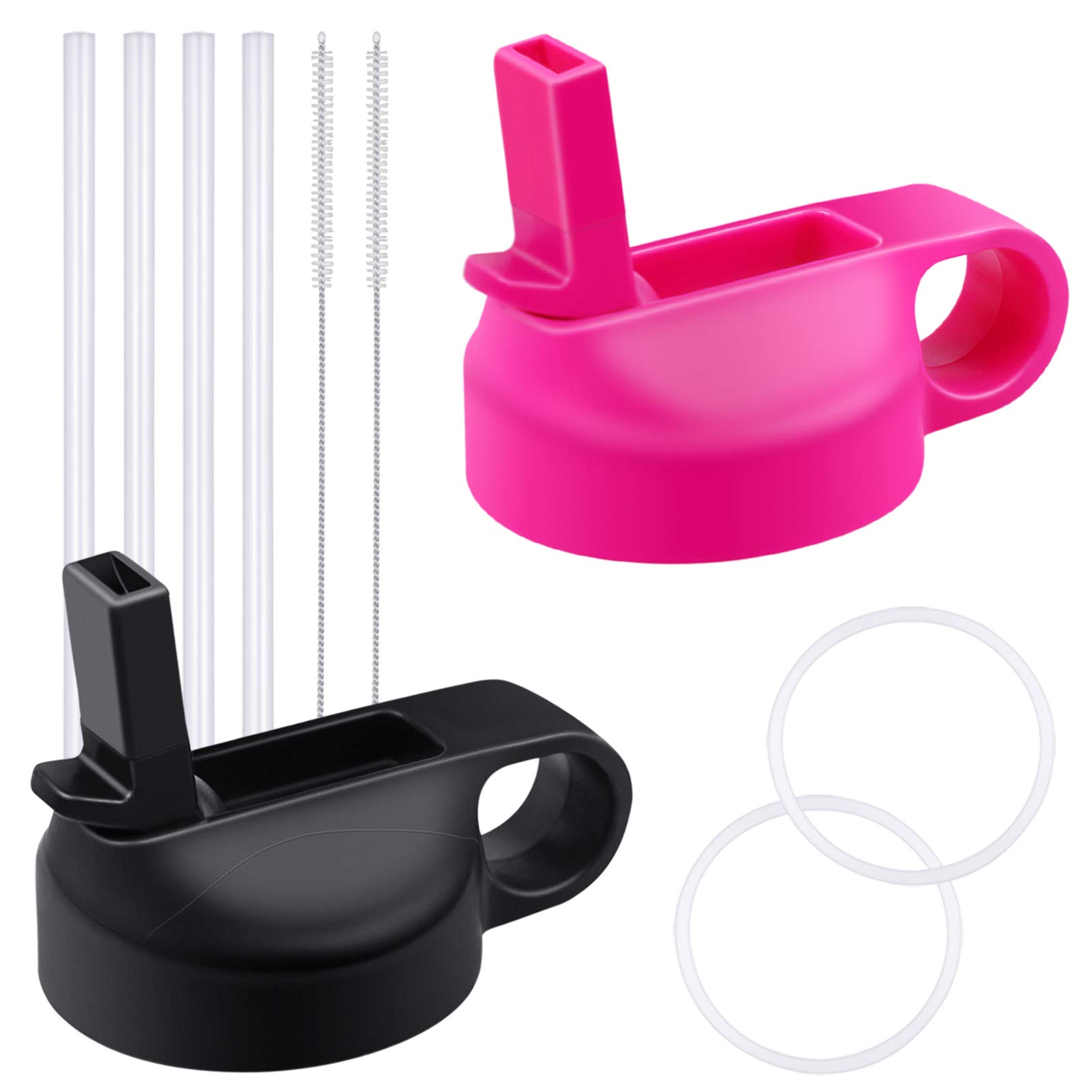 Straw Lid for Hydro Flask Wide Mouth Water Bottles 12oz-64oz with 4 Straws, 2 Straw Brushes and 2 Replacement Gaskets (Black & Pink)