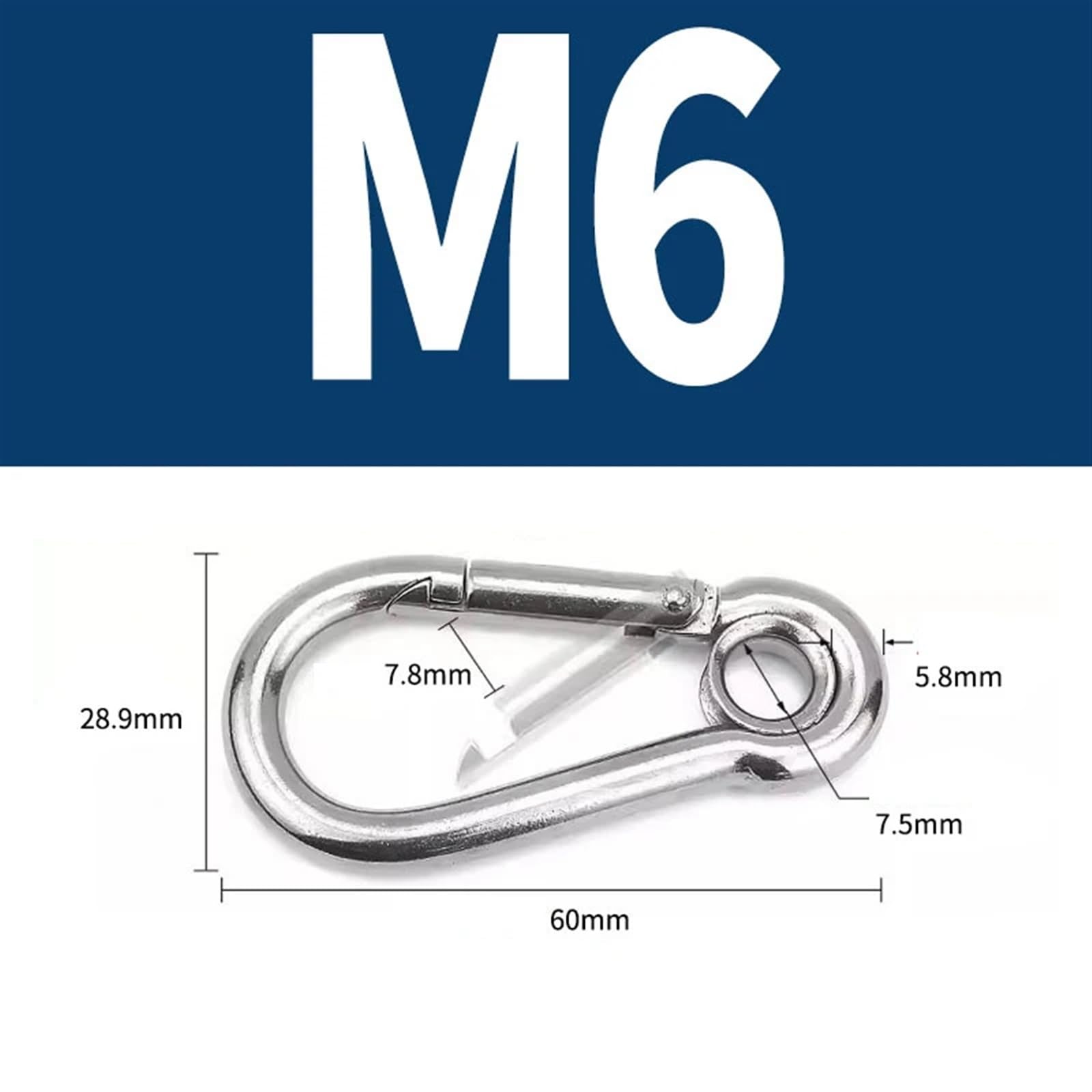 Mosquetón de Acero Inoxidable 304 con Hebilla Resorte y Ojal, Llavero M4 M5 M6 M7 M8 M9 M10 M11 M12