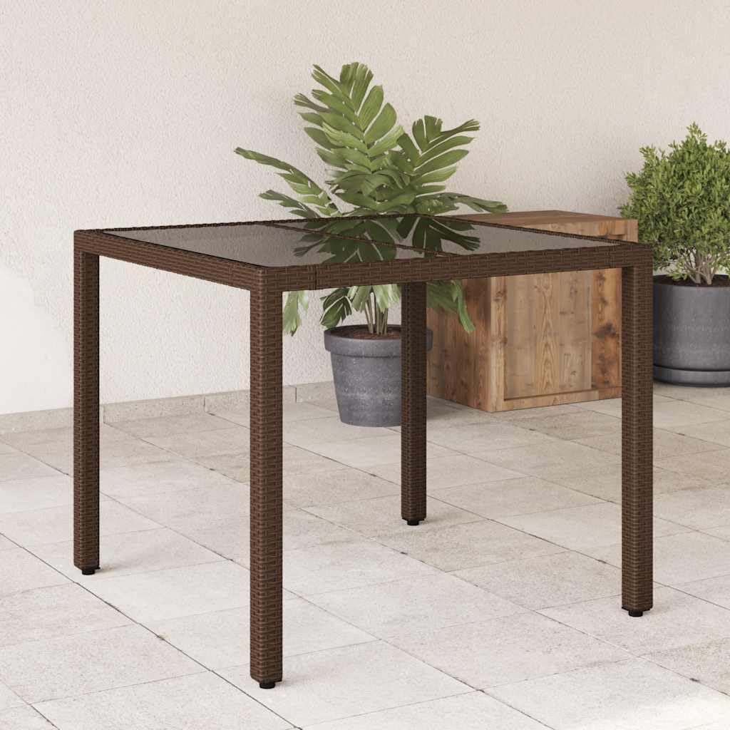 Mesa de jardín con tablero de cristal marrón, 90 x 90 x 75 cm, polirratán, polietileno, para exteriores, para terraza, muebles de jardín, marco de acero, duradera, resistente a la intemperie