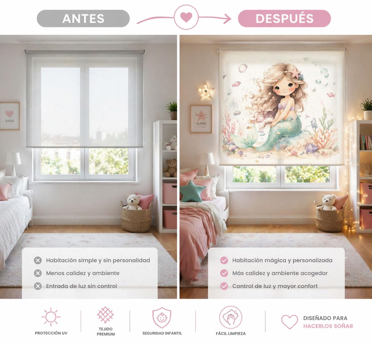 Estor Enrollable Infantil Niña a Medida – Diseño Sirena – Tejid Translucido Calidad - Decoración Habitación Infantil – Hecho en España