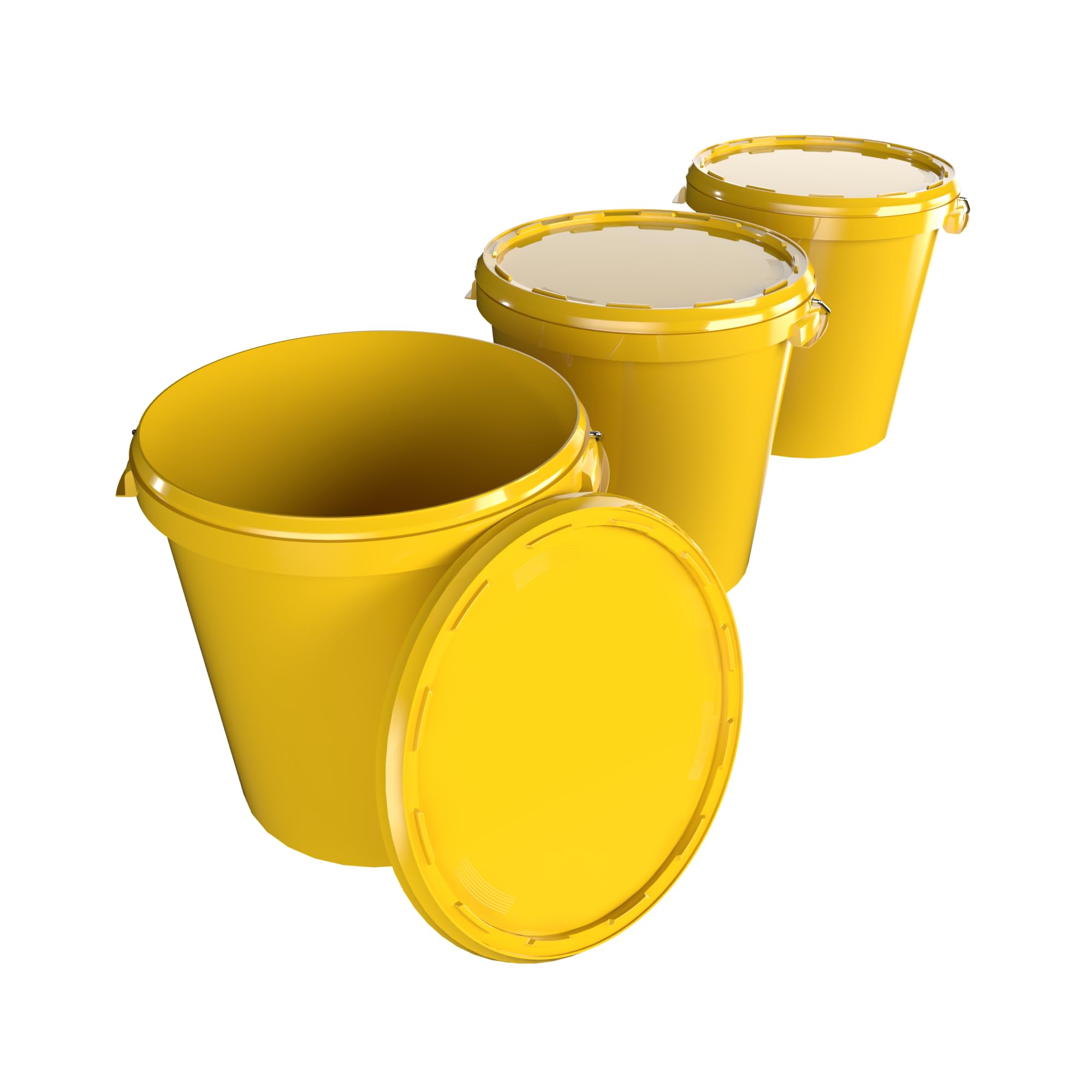 3 buckets with lid, 30 litres, made in Germany, food-safe, stable, airtight, storage bucket for storing food, office supplies, children's room, household, workshop, catering, yellow