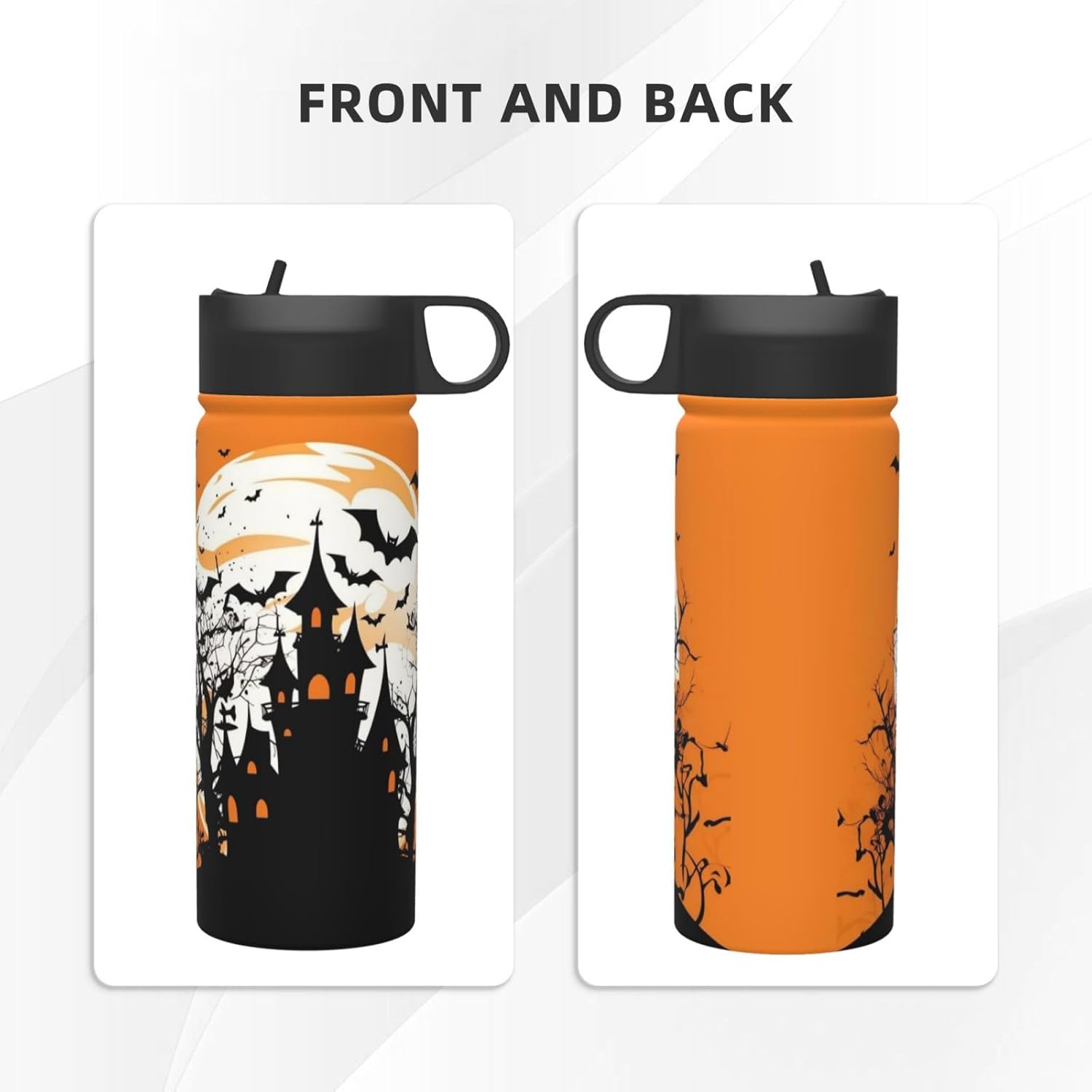 18 oz Black Witch Castle Double Wall Insulated Water Bottle with Straw and Lid, Stainless Steel Sports Bottles Halloween Night Travel Mug for Home Office