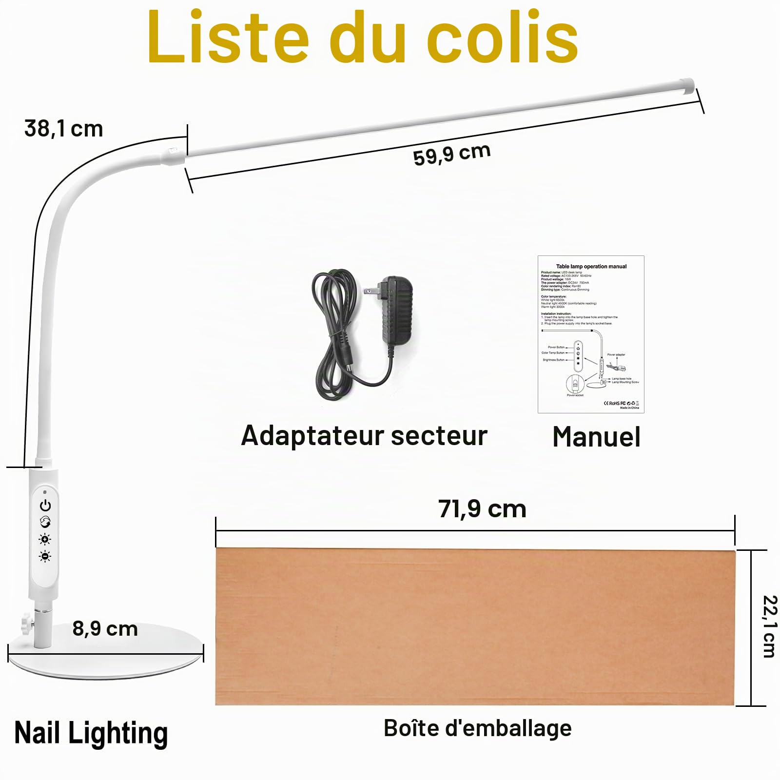 CGBE 60cm Lampe de Table Manucure LED pour Prothésiste Ongulaire Blanc | 360 ° Flexible, 18W LED Anti-éblouissement, 3 Modes 5 Intensités Réglable, Contrôle Tactile, Pour Manucure Lecture Travail