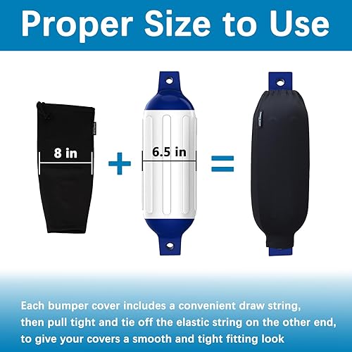 Miniatura 3 de 4 fundas para guardabarros de barco, 6.5 x 22 pulgadas, cubiertas negras de poliéster para guardabarros marinos para guardabarros acanalados de