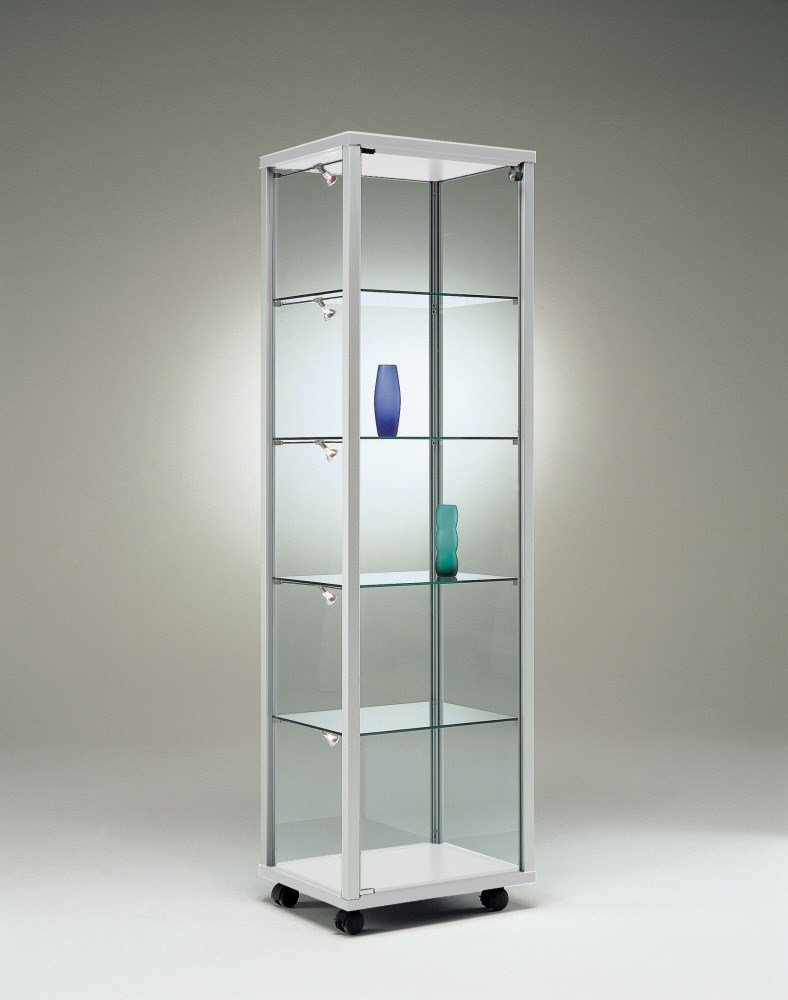 Glasvitrine mit Rollen T 53 x B 53 x H 183,5 cm - schmale Glas Standvitrine abschließbar - Ausstellungs-Vitrine ohne Beleuchtung