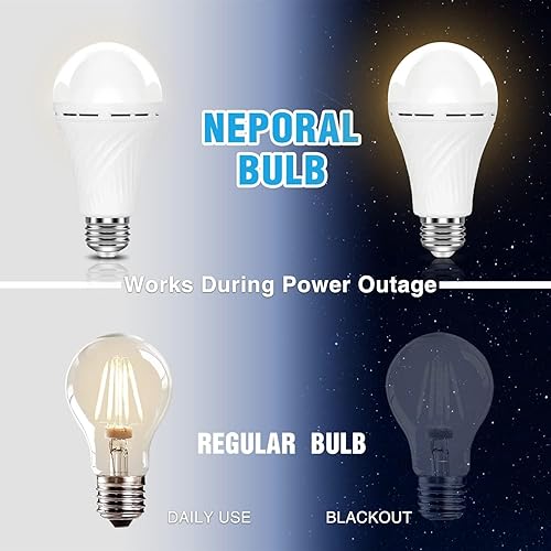 Miniatura 9 de Neporal LITE - Bombillas recargables de emergencia A19, luz de hasta 48 horas, bombilla a pilas, bombilla LED E26 de 3000 K, luces de emergencia