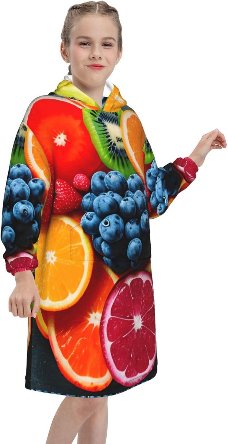 Fruit Rainbow Print Oversized Blanket Hoodie, Wearable Blanket Hooded,Hooded Pullover With Pocket