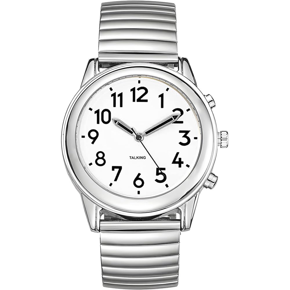 Men's English Talking Watch(Silver Metal Spring Band) Announces Time, Date & Alarm, Loud Alarm - Ideal for Elderly, Visually Impaired & Blind Users, Supports Independent Living