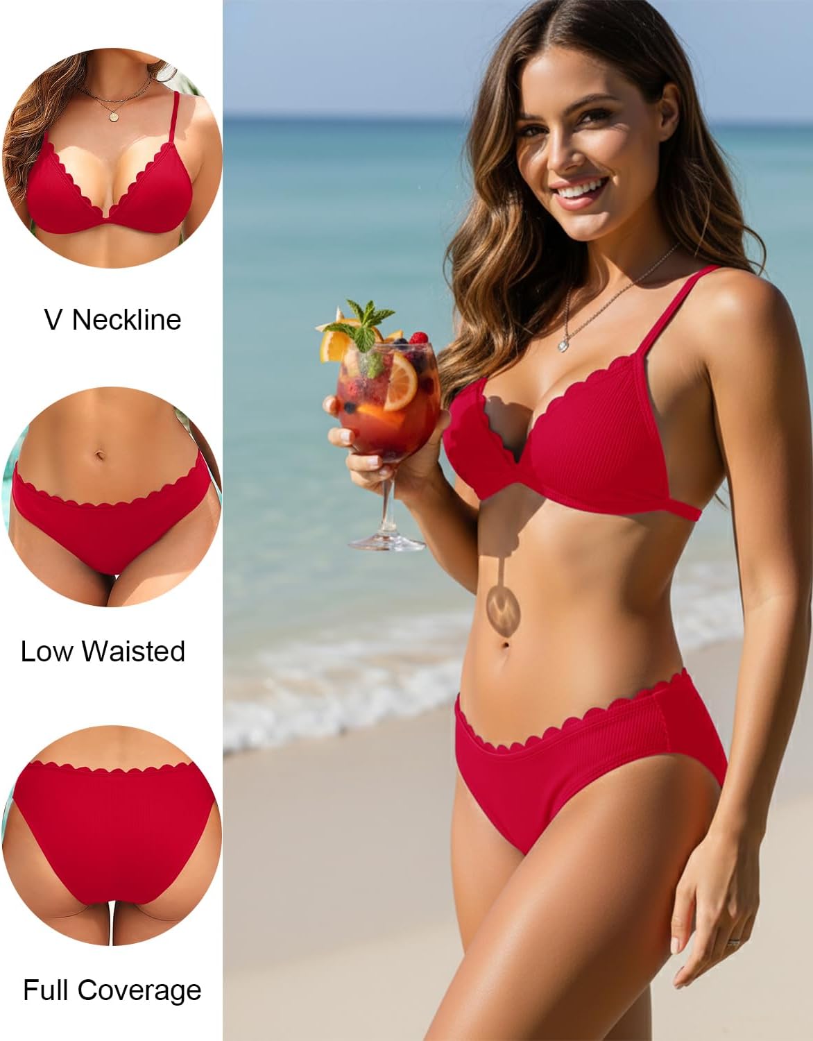 Women Ribbed Bikini Set - Triangle Two Piece Swimsuit Scalloped Bikini 2025 Low Rise Bathing Suit Red L - Image 5