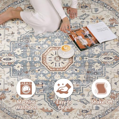 Round Rug Living Room Rugs: 10Ft Washable Boho Neutral Large Circle Soft Indoor Distressed Stain Resistant Floor Farmhouse Carpet for Bedroom Nursery Kids Playroom Office Dining Room Dorm- Beige Blue